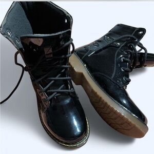 Glossy Black Combat Moto Boots with Mid-Calf Height